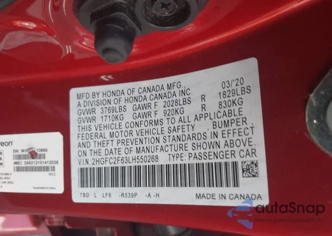 2020 Honda Civic Lx from USA, damaged, VIN 2HGFC2F63LH550268
